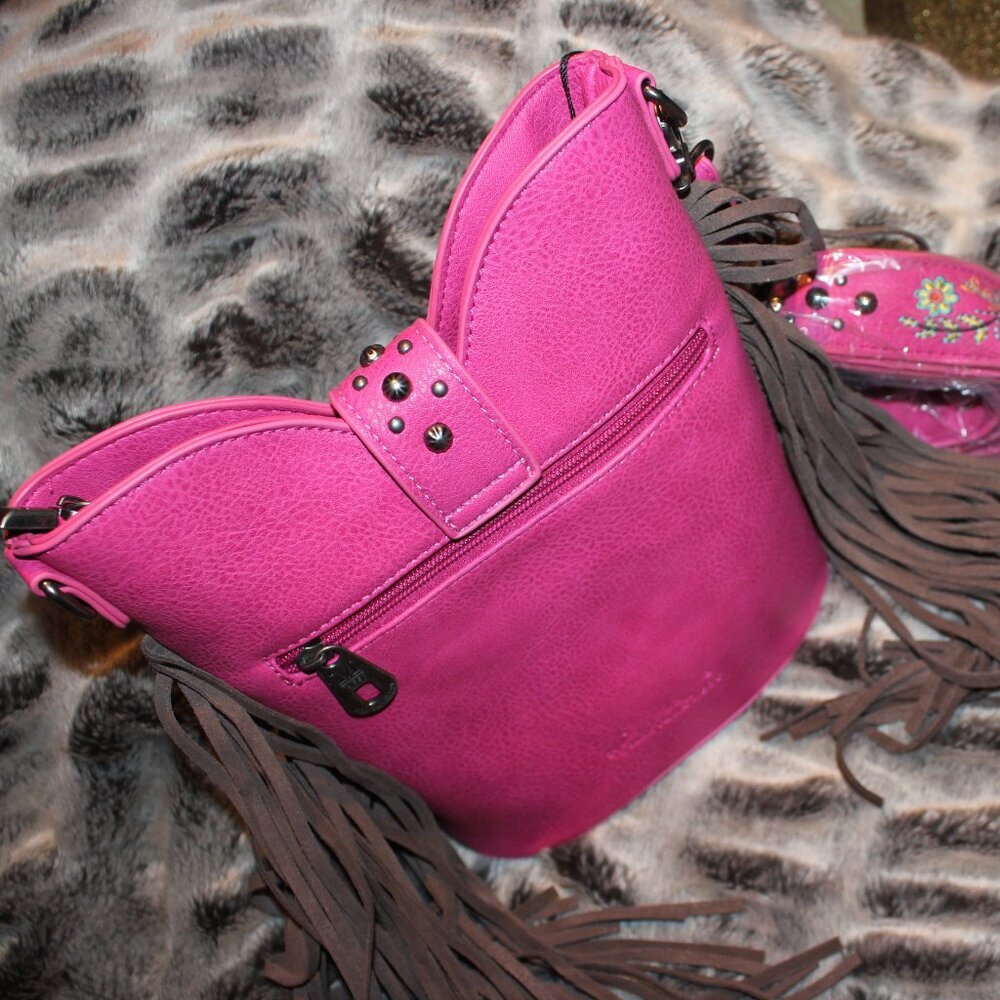 Montana West Western Hot Pink Handbag Silver Belt Buckle Hippie Fringe Purse - Picture 7 of 12